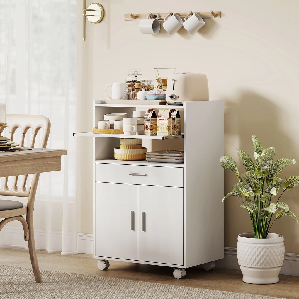 HOMCOM Dulap pentru Cuptorul cu Microunde cu Roți, Bufet de Bucătărie cu Sertar, Blat pentru Electrocasnice, Dulap cu 2 Uși, Raft Glisant și Raft Deschis, Cărucior de Bucătărie pentru Sufragerie, 59x40x92cm, Alb | Aosom Romania