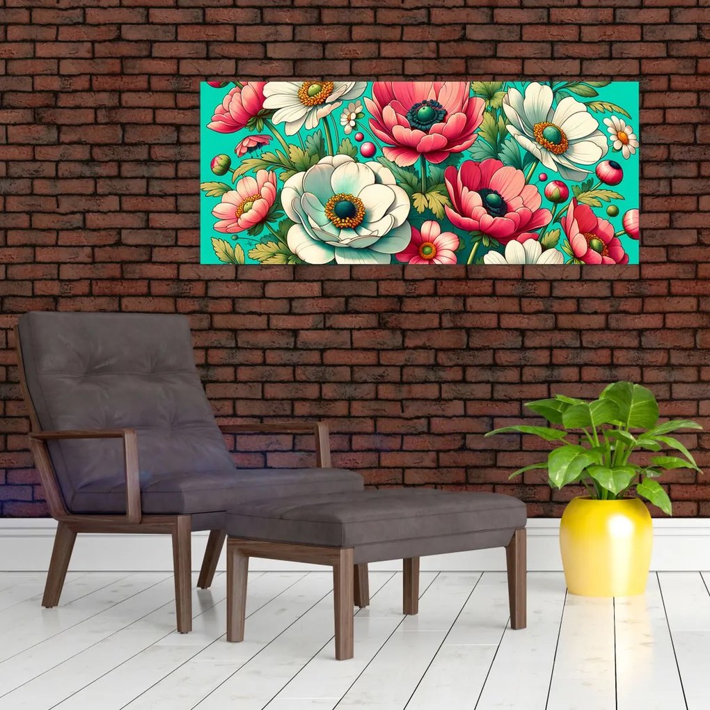 Tablou - Flori pe fundal albastru (120x50 cm)