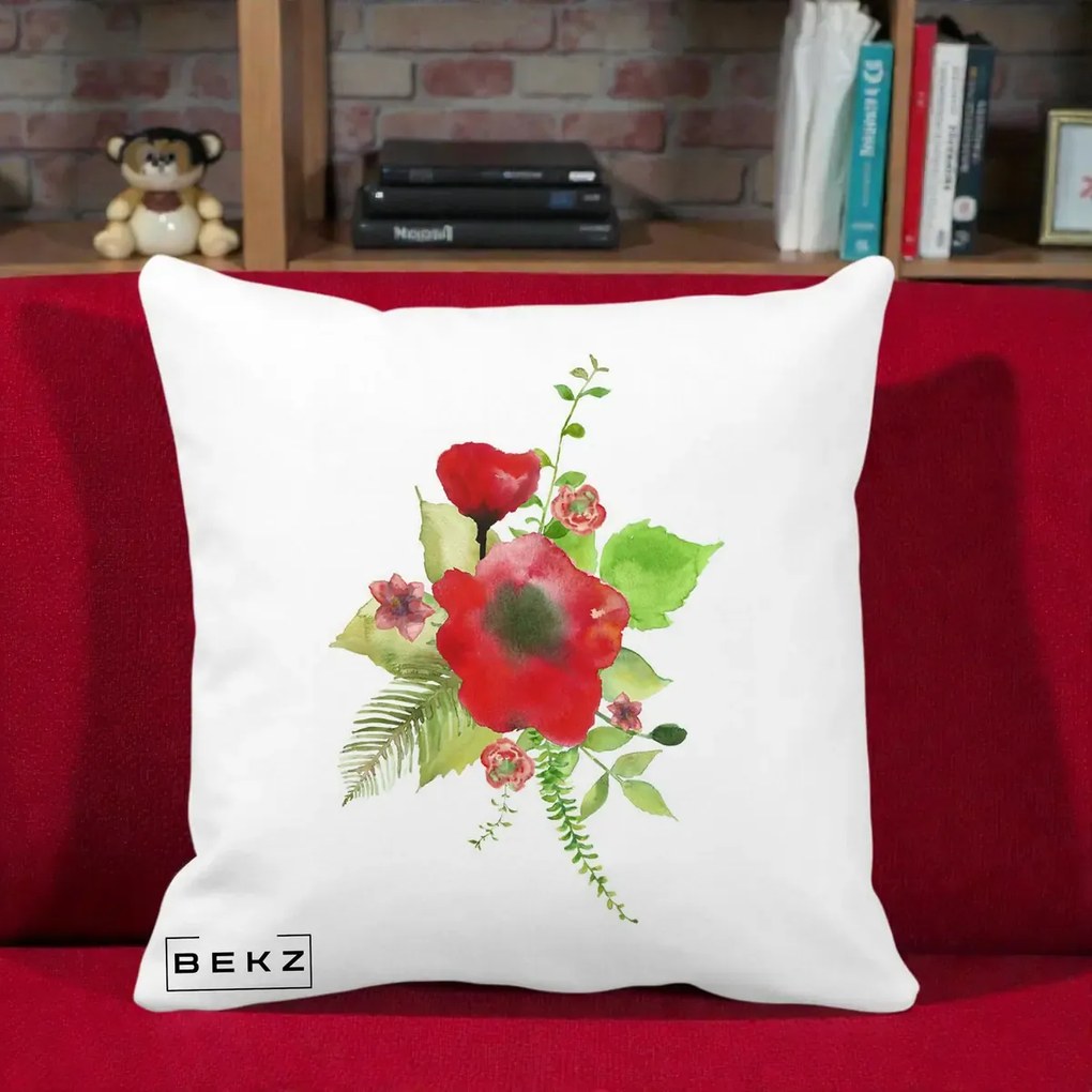 Perna Decorativa Buchet Rosu Acuarela, 40x40 cm, Alba Mata, Husa Detasabila, Perna Inclusa, BEKZ®
