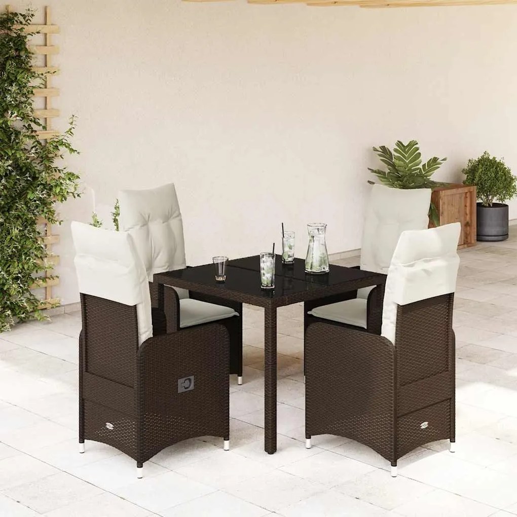 vidaXL Set bistro de grădină, 5 piese, cu perne, maro, poliratan