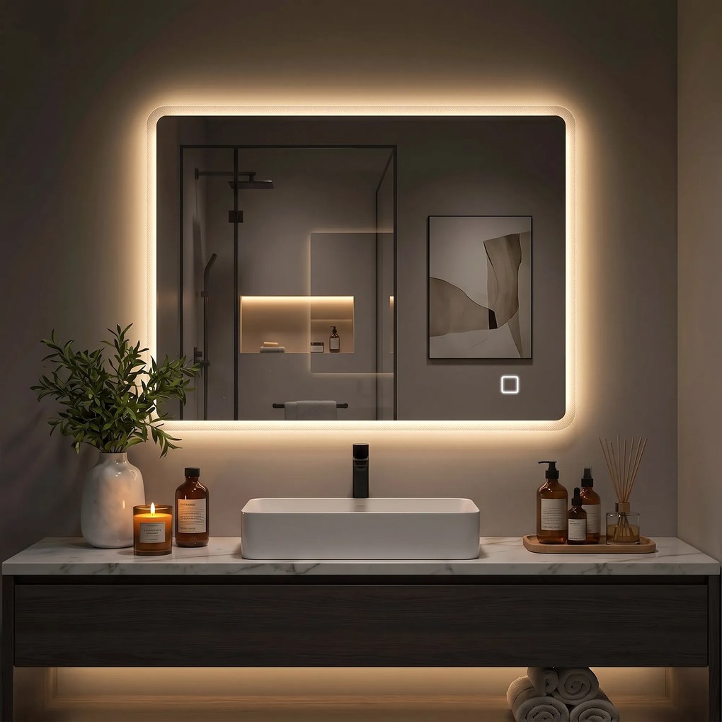 HOMCOM Oglindă de Baie cu LED 60x80 cm, 3 Culori de Lumină, Intensitate Reglabilă, Antiaburire, Comandă Tactilă, Memorie | Aosom Romania
