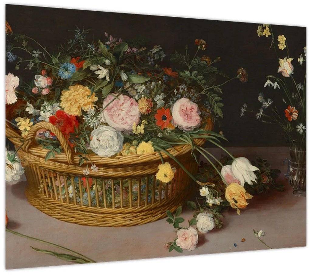 Tablou pe sticlă - Jan Brueghel the Elder, Flowers in a Basket and a Vase, reproducere (70x50 cm)