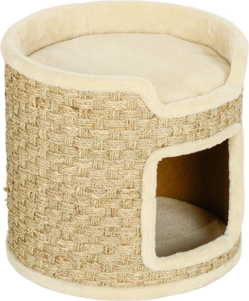 PawHut Ansamblu de Zgâriat pentru Pisici, 37 cm, 2 Niveluri, cu Ascunzătoare și Sfoară din Sisal, până la 5 kg, Kaki | Aosom Romania