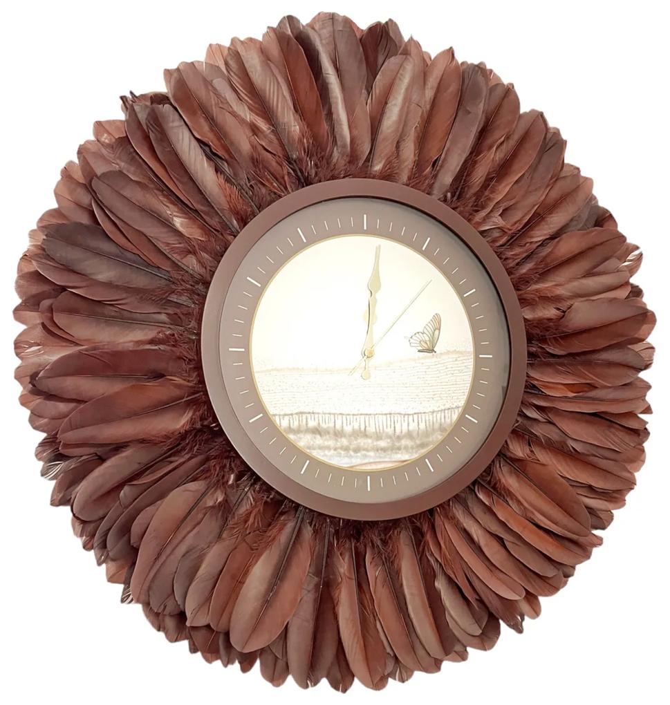 Ceas decorativa de perete cu pene maro BUTTERFLY, 65 cm