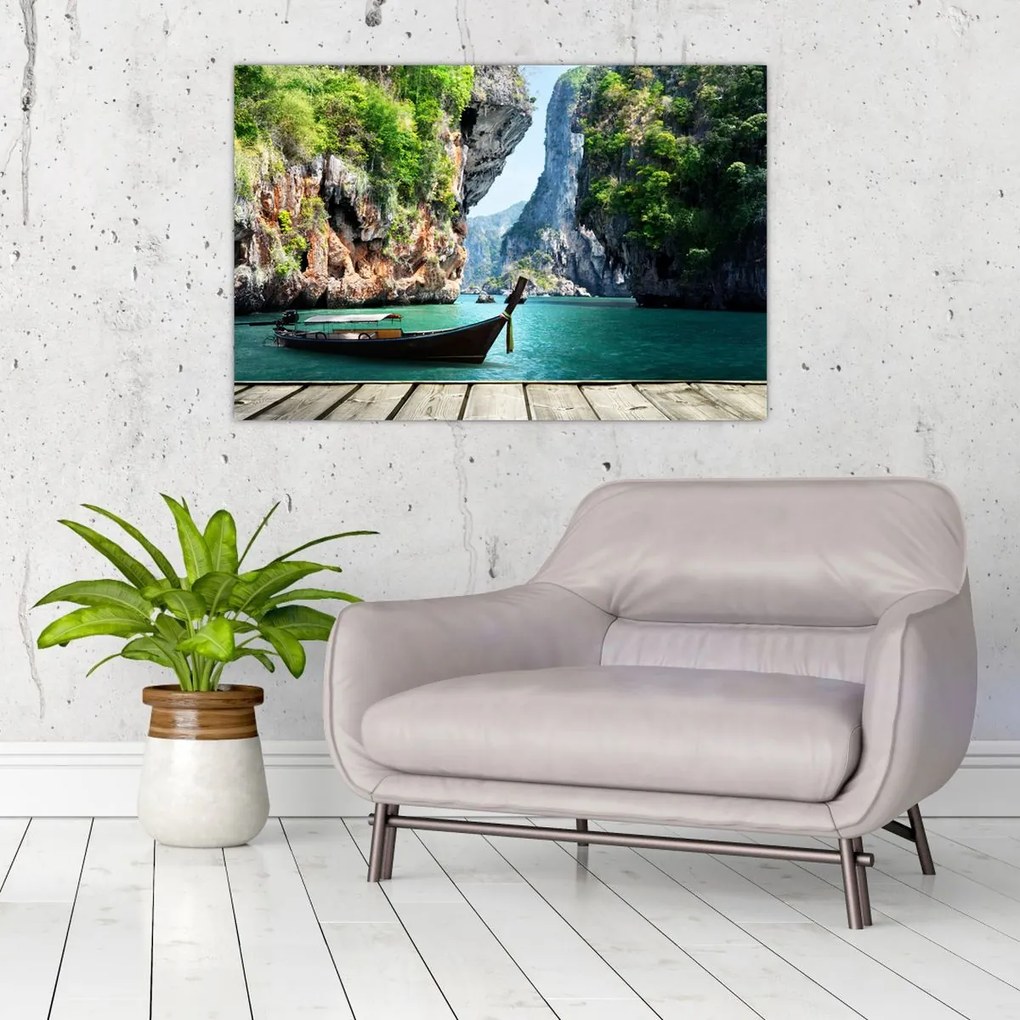 Tablou - Apă peisaj mediteranean cu barca (90x60 cm)