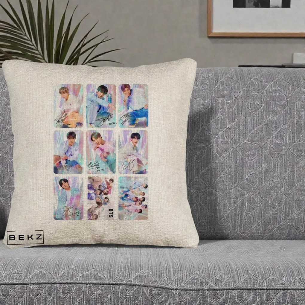 Perna Personalizata K-pop BTS Colaj 9 Fotografii Autografe Individual, 40x40 cm, Bej Canapea, Husa Detasabila, Perna Inclusa, BEKZ®