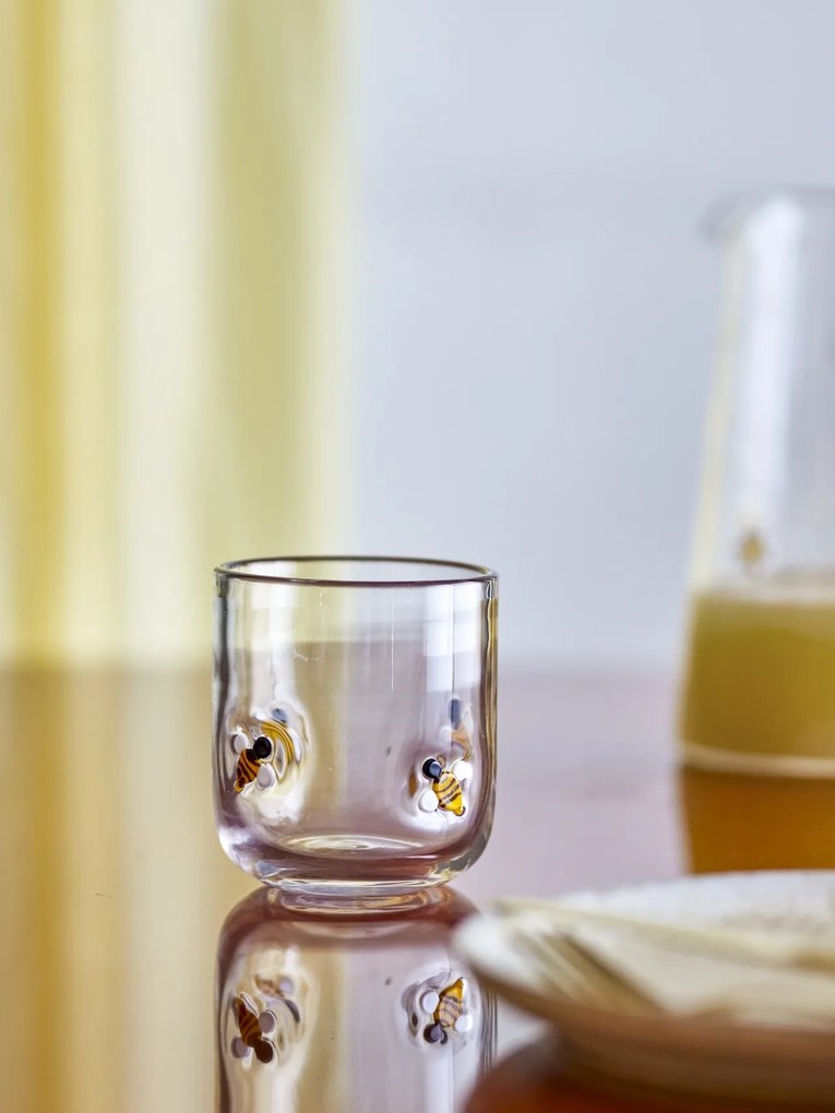 Set 2 pahare din sticlă transparentă cu albine și margarete, D8×H9 cm, 300 ml, „Buzz"