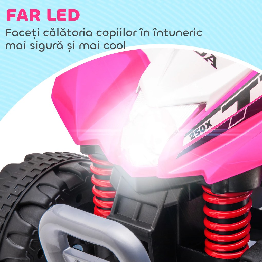 AIYAPLAY ATV Electric, Mini Motocicletă pentru Copii 18-36 Luni cu Lumini LED, Claxon și Pedale, 65,5x38,5x43,5 cm, Roz | Aosom Romania