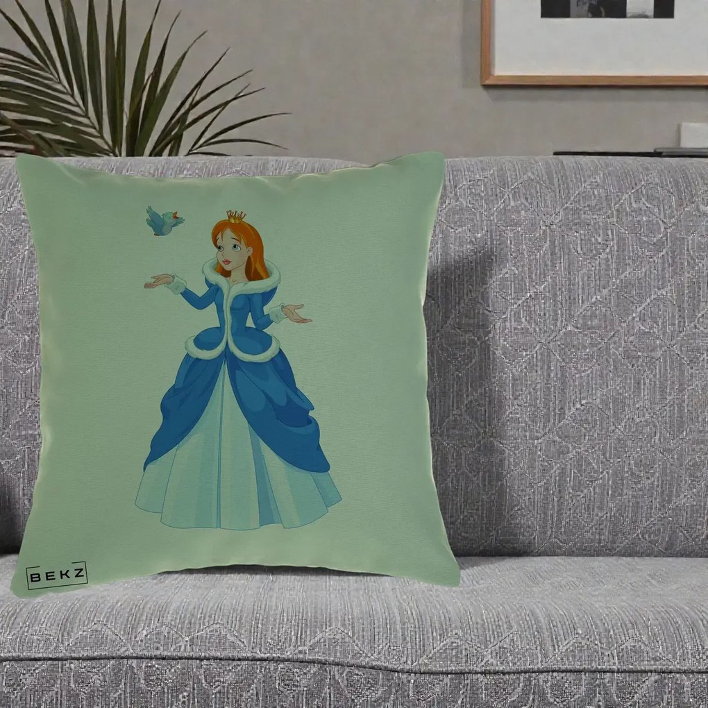 Perna Personalizata Printesa Albastra cu Pasare, 40x40 cm, Verde, Husa Detasabila, Perna Inclusa, BEKZ®