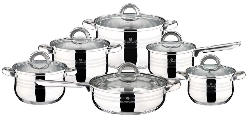 Set oale si tigaie inox 12 piese cu capace de sticla, de calitate, gatire sanatoasa,  Gourmet Line Blaumann BL 1410