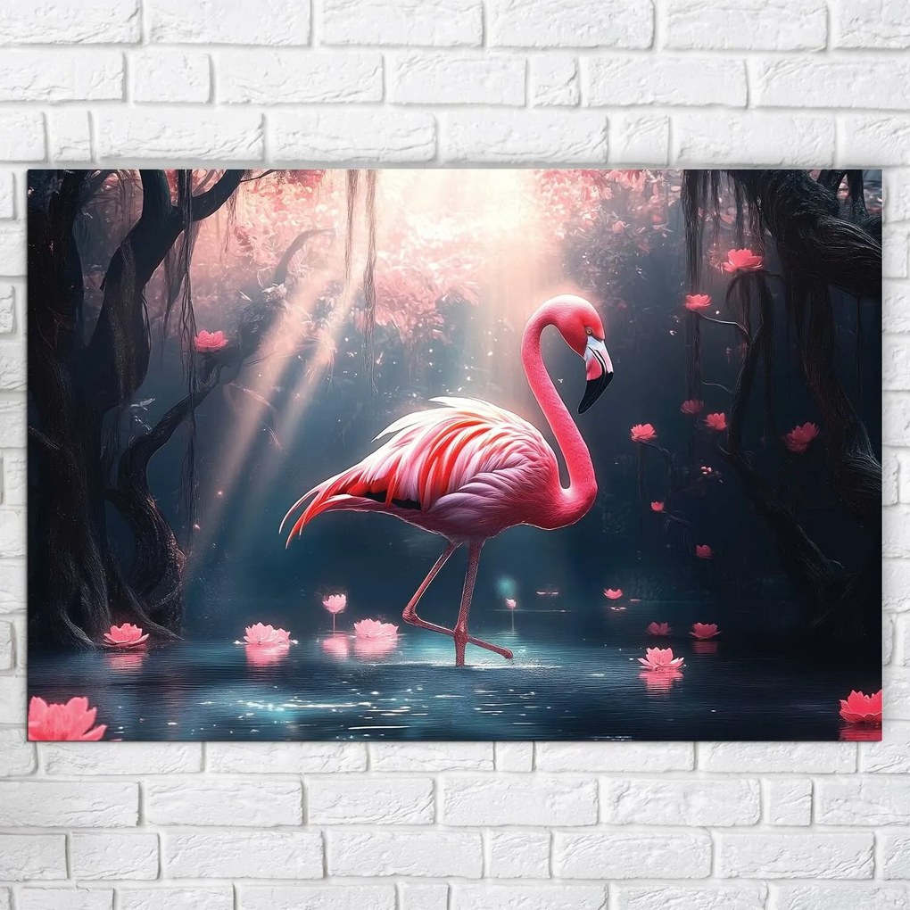 DUBLEZ | Tablou roz – Flamingo în apă cu flori de lotus