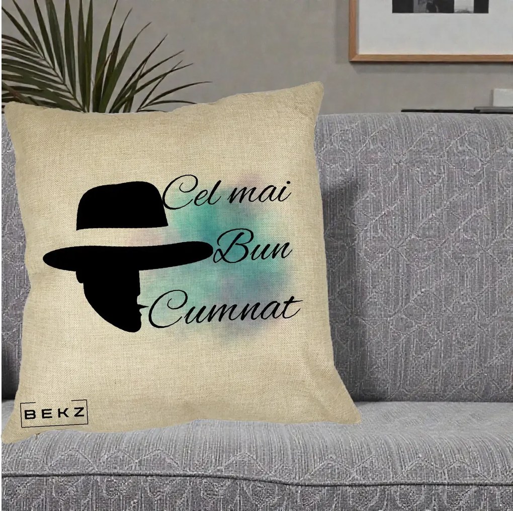 Cadou pentru Cumnat - Perna Personalizata Cel mai Bun Cumnat cu Silueta Palarie si Pete Teal-Roz, 40x40 cm, Crem, Husa Detasabila, Perna Inclusa, BEKZ®