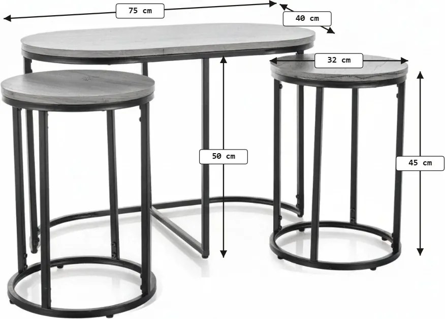 Masuta de cafea TWIXE cu mese auxiliare 75x40 cm, negru/decor stejar artisan