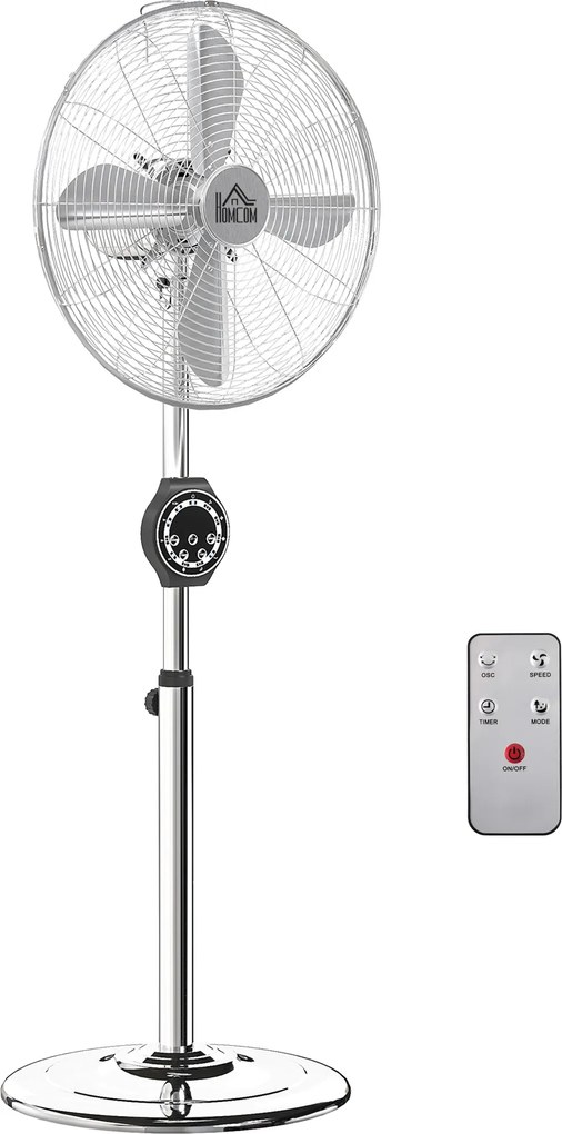 HOMCOM Ventilator pe picior cu înălțime reglabilă 120-135 cm, oscilație 75°, temporizator 7,5H, telecomandă, mod somn, argintiu | Aosom Romania