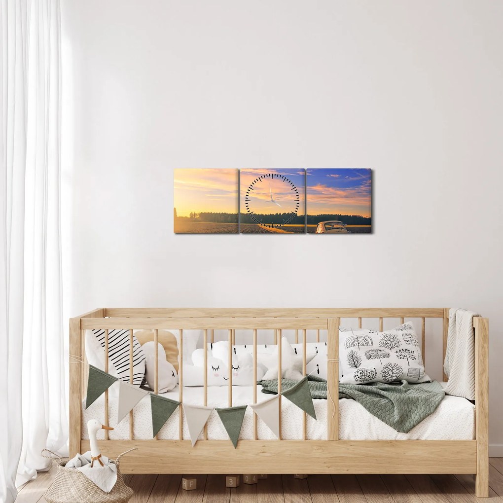 Tablou - Mașină galbenă ăn câmp (cu ceas) (90x30 cm)