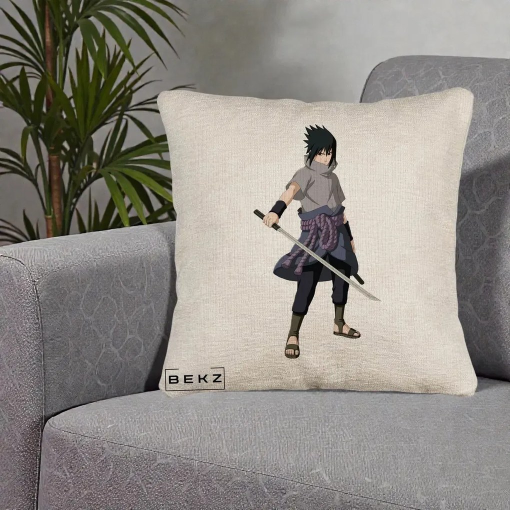 Perna Personalizata Naruto Sasuke Uchiha cu Sabia, 40x40 cm, Bej Canapea, Husa Detasabila, Perna Inclusa, BEKZ®