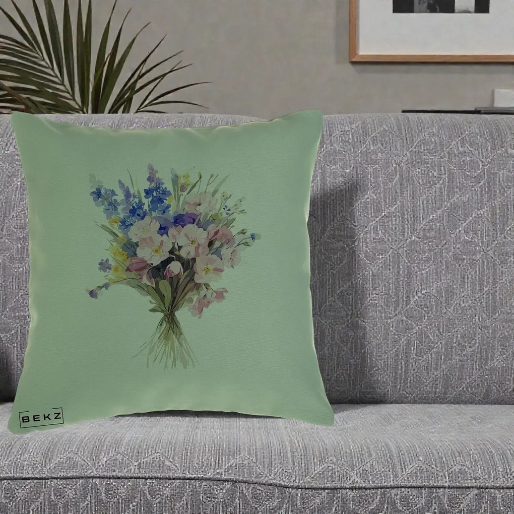 Perna Decorativa Buchet Floral Acuarela Primavara, 40x40 cm, Verde, Husa Detasabila, Perna Inclusa, BEKZ®