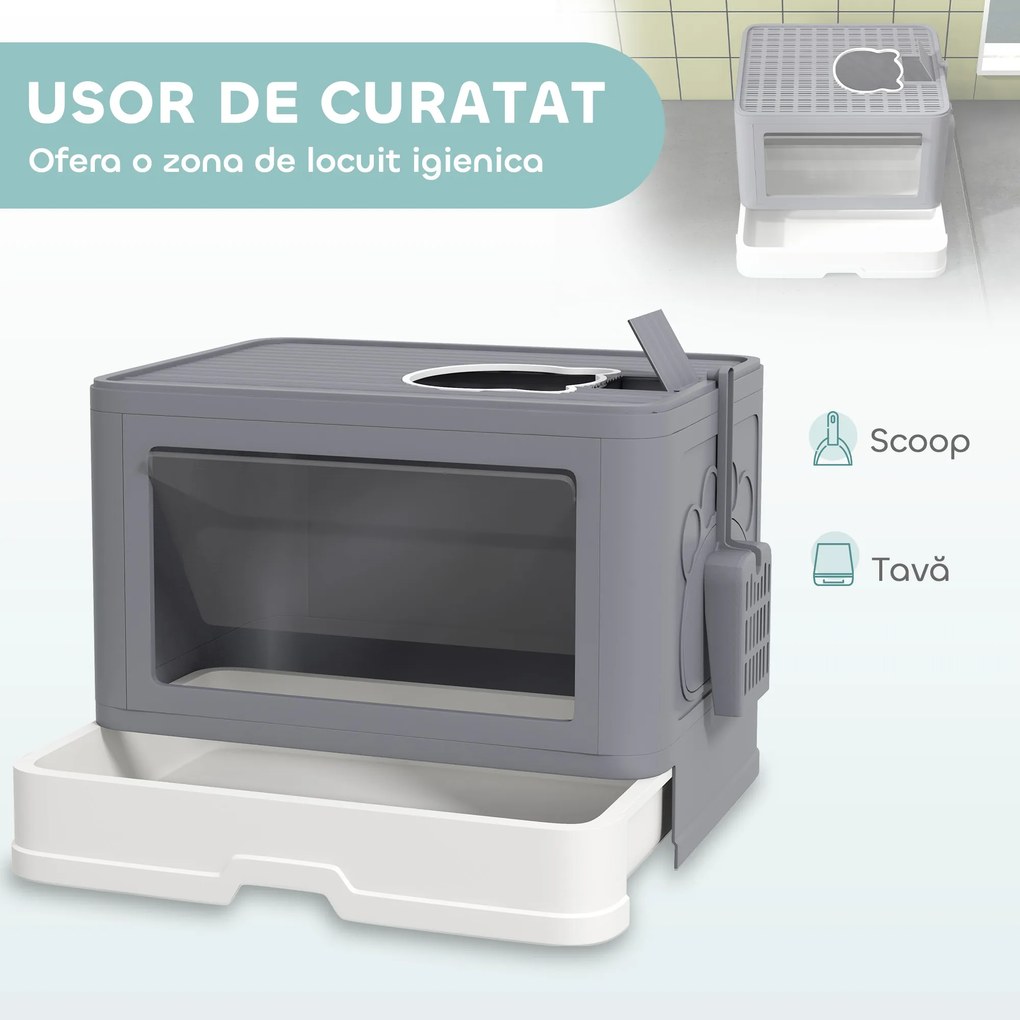 PawHut Litieră pentru Pisici cu Capac Intrare Dublă, Sertar, Lopată Gri | Aosom Romania