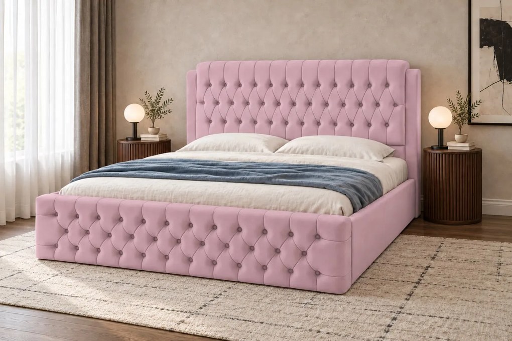 Pat tapițat din catifea Aveline 140×200 cm, roz, cu ladă de depozitare