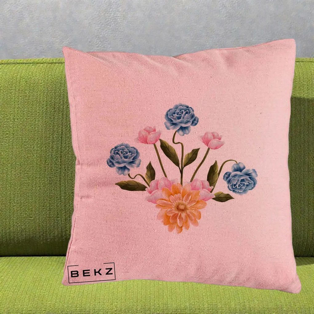Perna Decorativa Buchet Primavara Acuarela, 40x40 cm, Roz, Husa Detasabila, Perna Inclusa, BEKZ®