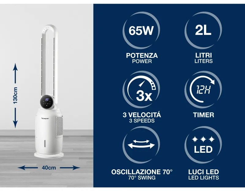 Resigilat: Racitor de aer tip coloana Beper P206RAF300, 65 W, 3 viteze, 2 L, Ionizare, LED, Afisaj tactil, Alb