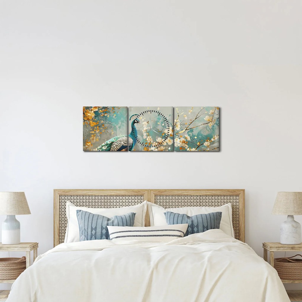Tablou - Păun cu decor de aur (cu ceas) (90x30 cm)