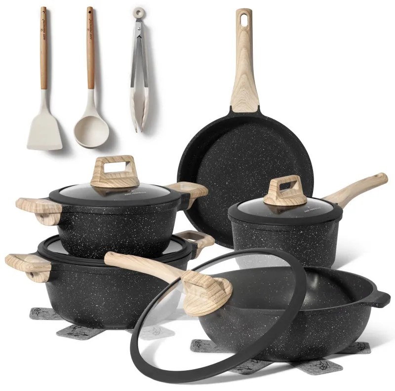Set oale si tigai Just Perfecto JL-889, 14 piese, Finisaj marmura, Inductie, Accesorii, Negru
