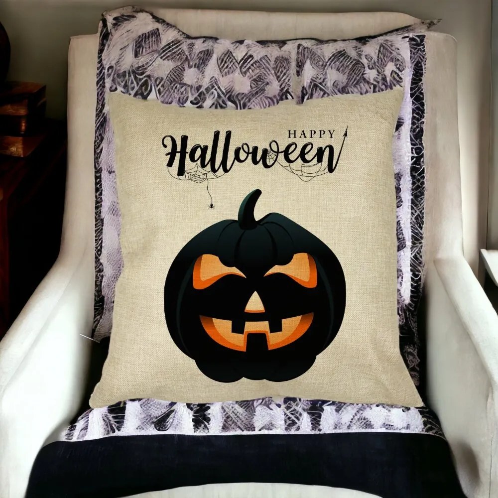 Perna Decorativa cu motiv Dovleac de Halloween si Text, 40x40 cm, Husa Detasabila, Burduf