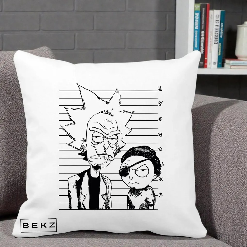 Perna Personalizata Rick si Morty Dosar, 40x40 cm, Alba Mata, Husa Detasabila, Perna Inclusa, BEKZ®