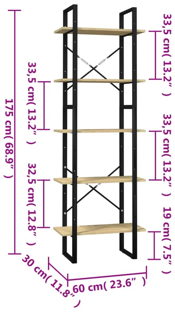 Biblioteca cu 5 rafturi, 60x30x175 cm, lemn de pin 1, black and light brown, 60 x 30 x 175 cm