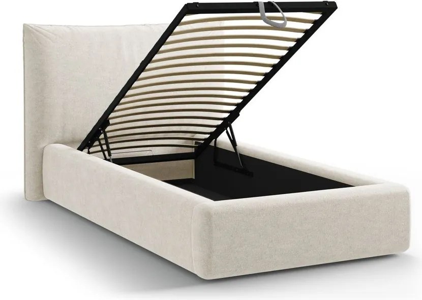 Pat crem tapițat cu spațiu de depozitare cu somieră 90x200 cm Kaelle – Micadoni