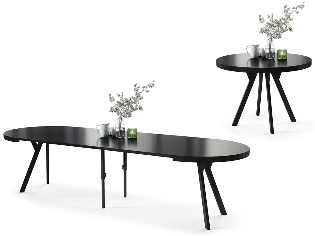 Mazzoni EXPANSO Negru Mat/picioare negre - MASĂ MARE ROTUNDĂ Ø110 EXTENSIBILĂ PÂNĂ LA 310 cm CU PICIOARE Y LOFT/INDUSTRIALĂ