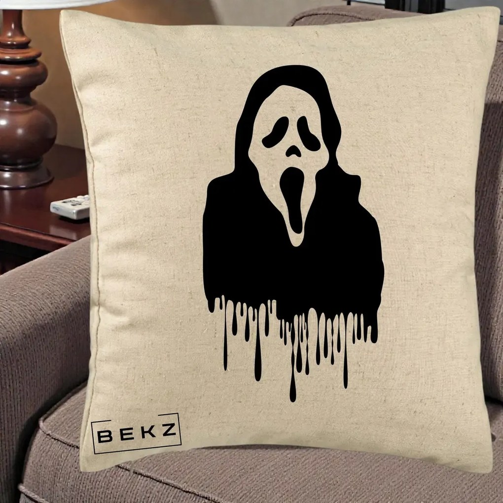 Perna Personalizata Halloween Ghostface Scream Picurand, 40x40 cm, Bej, Husa Detasabila, Perna Inclusa, BEKZ®