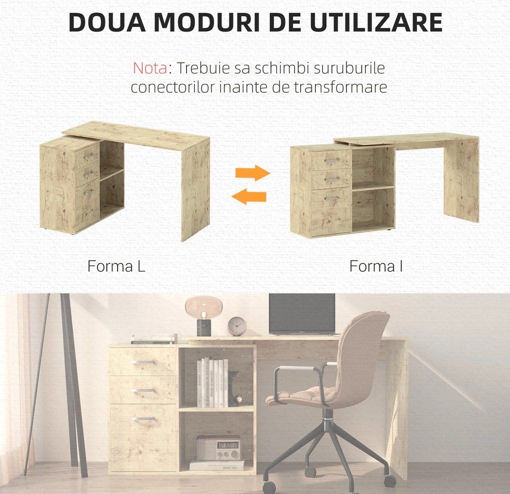 HOMCOM Birou de Colț pentru PC cu 2 Sertare și Rafturi Deschise, Birou de Colț în Formă de L, 117x83,5x76 cm, Lemn Natural | Aosom Romania