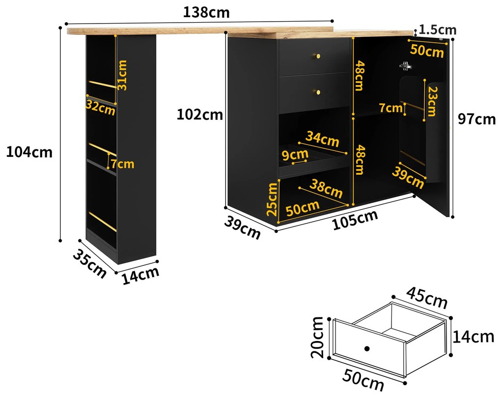Masă de bar rotativă 360° cu 2 sertare și dulap cu ușă glisantă, Negru | Aosom Romania