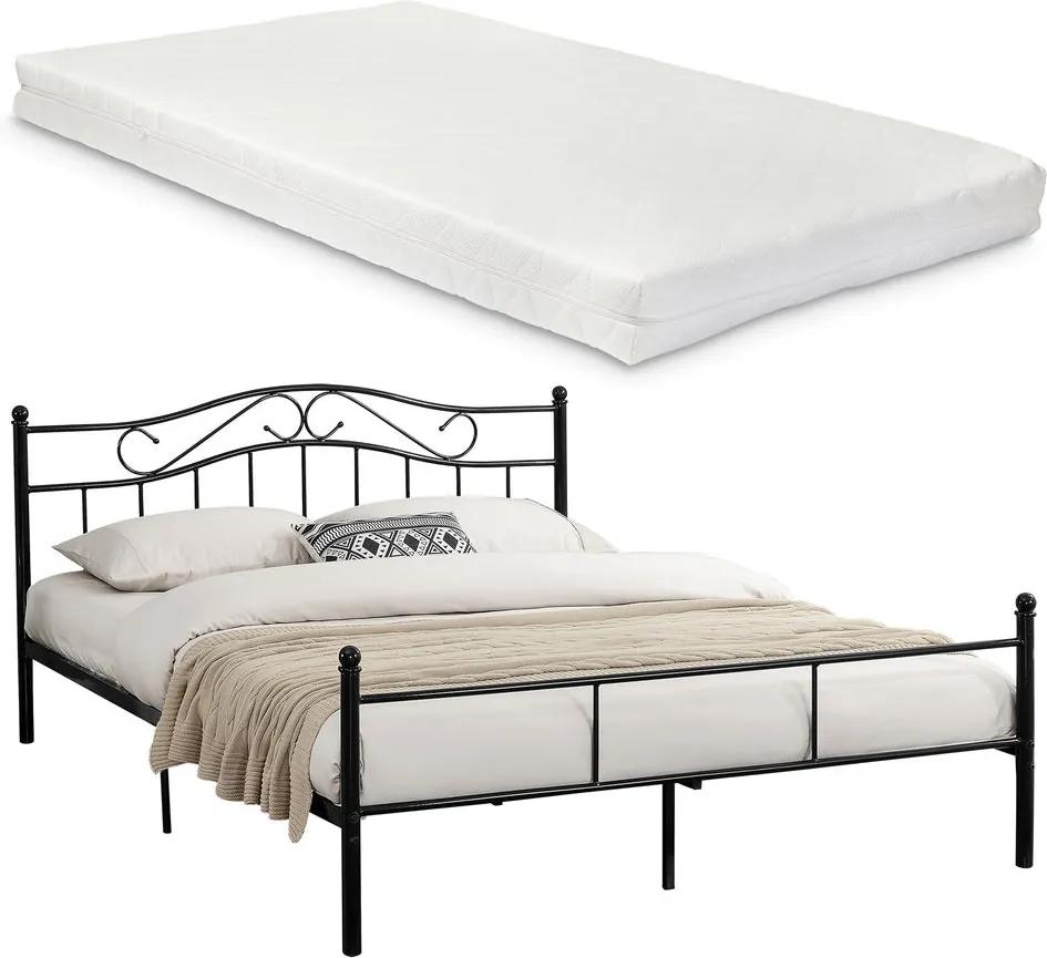 [en.casa]® Vintage pat frantuzesc cu cadru metalic - cu saltea spuma rece- 160 x 200 cm (negru)