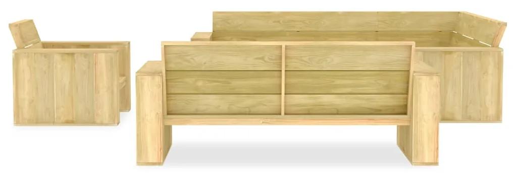 Set mobilier de gradina, 4 piese, lemn de pin tratat colt + banca + fotoliu + masa, 1