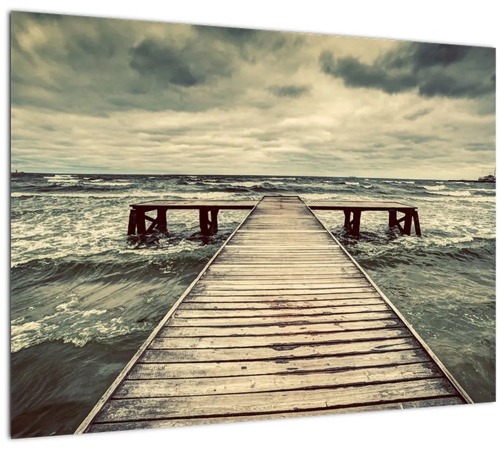 Tablou pe sticlă cu dig din lemn la mare (70x50 cm)