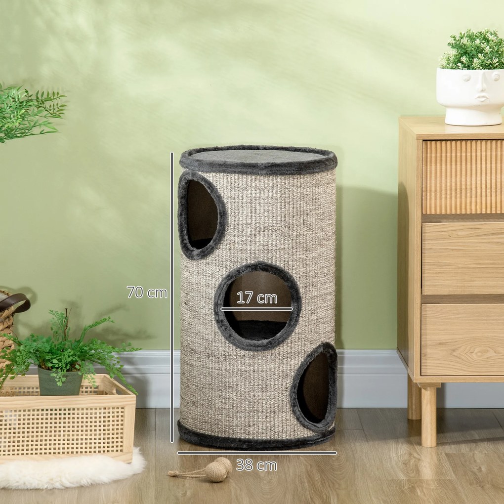 PawHut Cușcă pentru Pisici cu 3 Nivele, Zgârietoare din Sisal și Pluș, Ø38x70cm, Gri | Aosom Romania
