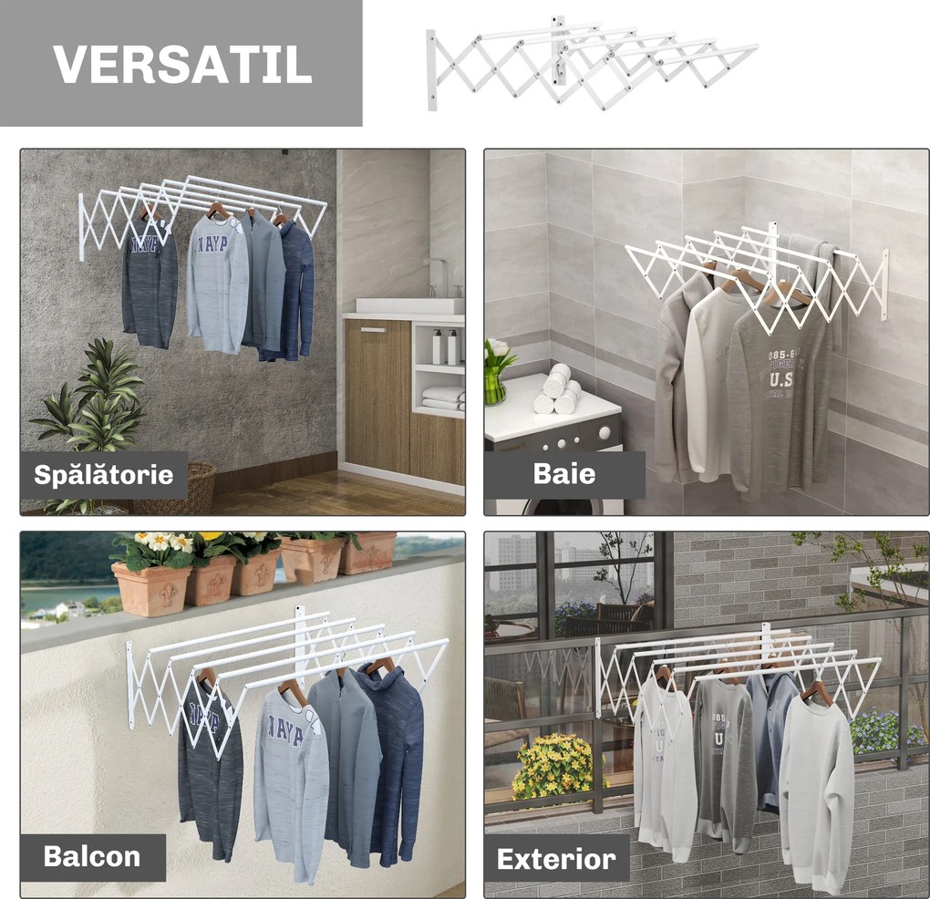 HOMCOM Uscător de Rufe Retractabil pentru Perete, Uscător Pliabil Economisitor de Spațiu din Metal pentru Interior și Exterior, 63,5x60x20 cm, Alb | Aosom Romania