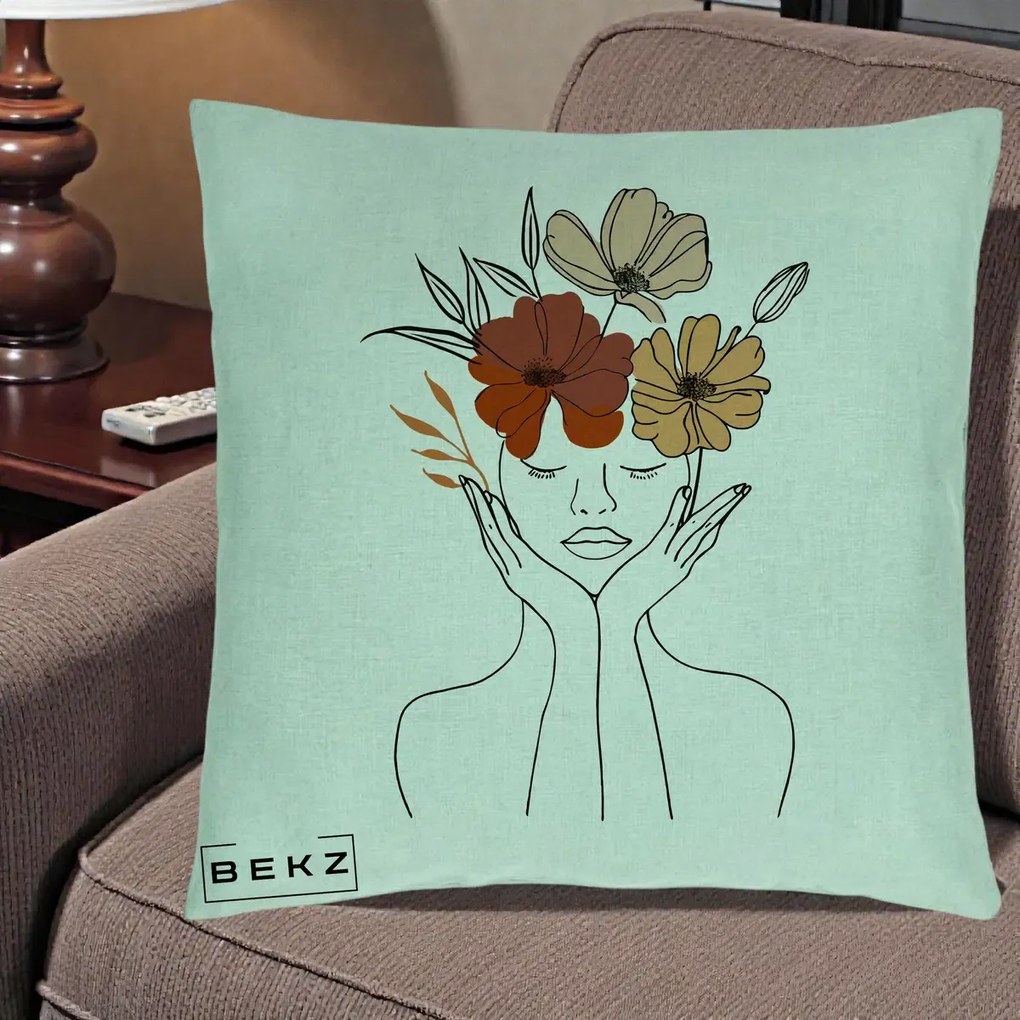 Perna decorativa line art Portret Feminin Coroana Trei Flori, 40x40 cm cu Umplutura, Verde Menta, BEKZ