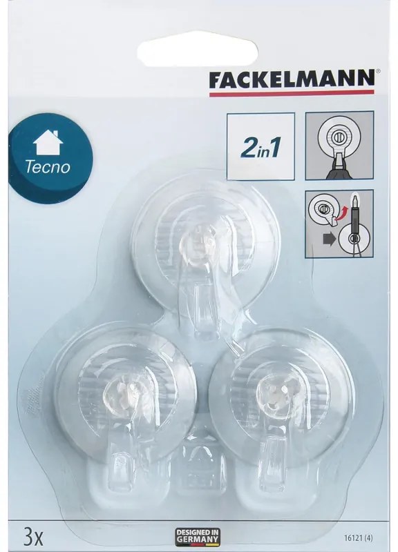 Set 3 carlige cu ventuze Fackelmann 16121 Tecno, 4,5 cm, Transparent