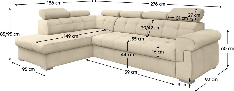 Colţar extensibil, bej/argintiu, stânga, PRIMUS ROH NEW