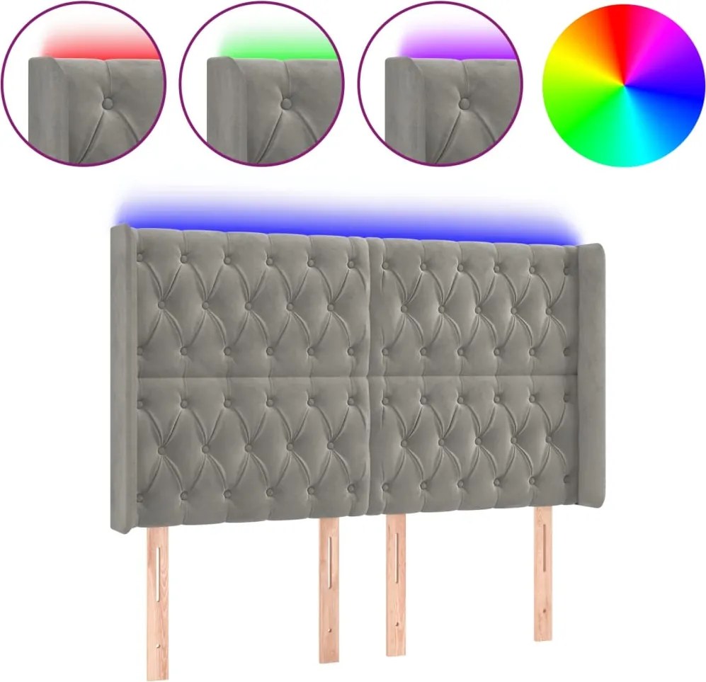 vidaXL Tăblie de pat cu LED, gri deschis, 147x16x118/128 cm, catifea