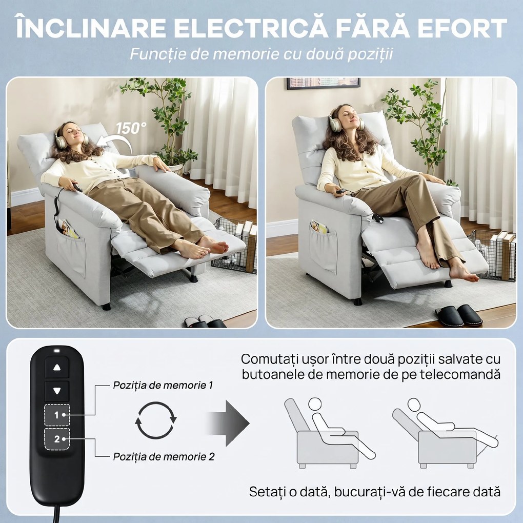 HOMCOM Fotoliu Relaxant Electric cu Masaj și Încălzire și Suport pentru Picioare, Silențios, Fotoliu Reclinabil 150° în Catifea Prietenoasă cu Animalele cu Funcție de Memorare, 2 Telecomenzi pentru Sufragerie, Gri Deschis | Aosom Romania