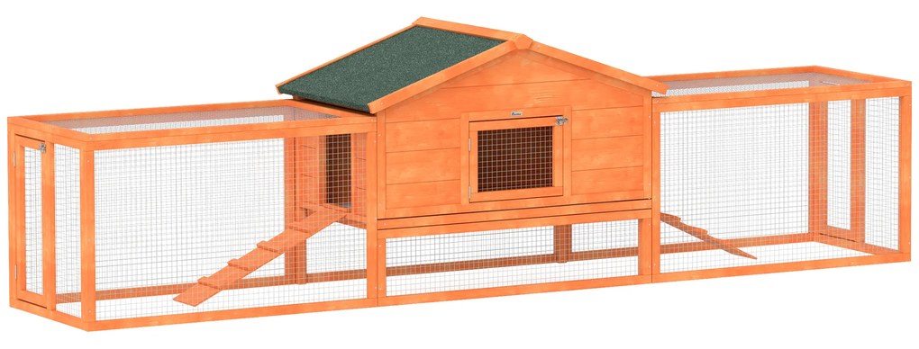 PawHut Cușcă cu Căsuță și 2 Împrejmuiri, Cușcă cu Rampă pentru Iepuri și Animale Mici, 309x69.5x87 cm, Portocaliu | Aosom Romania
