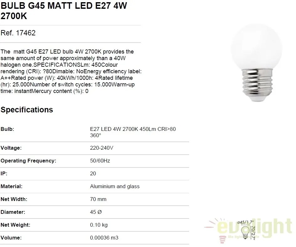 Bec LED E27 G45 MATT 4W 2700K 17462