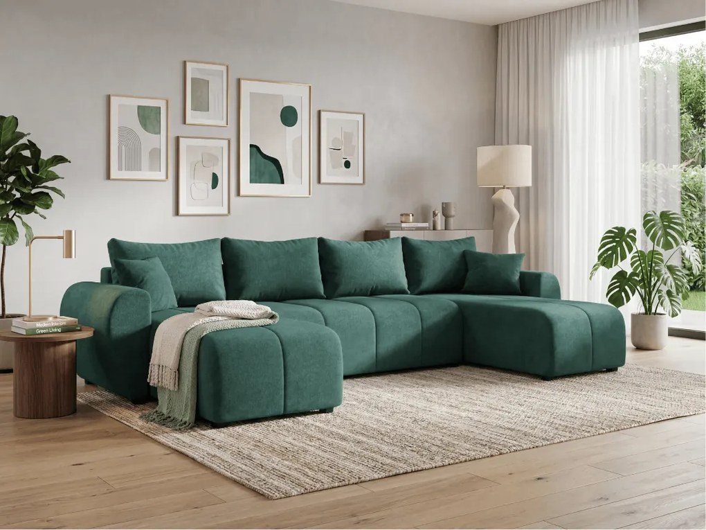 Coltar extensibil reversibil in forma de U SEVIO 311x145 cm, verde sticla + 2 perne GRATUIT