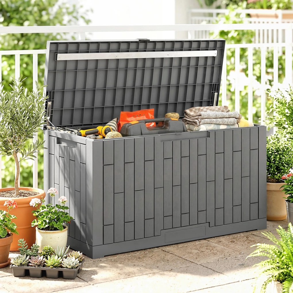 Outsunny Cutie de grădină 379 L Impermeabilă Încuiabilă Rezistentă la UV Cutie pentru perne cu aspect de lemn pentru grădină 122,5x56x62cm Gri | Aosom Romania