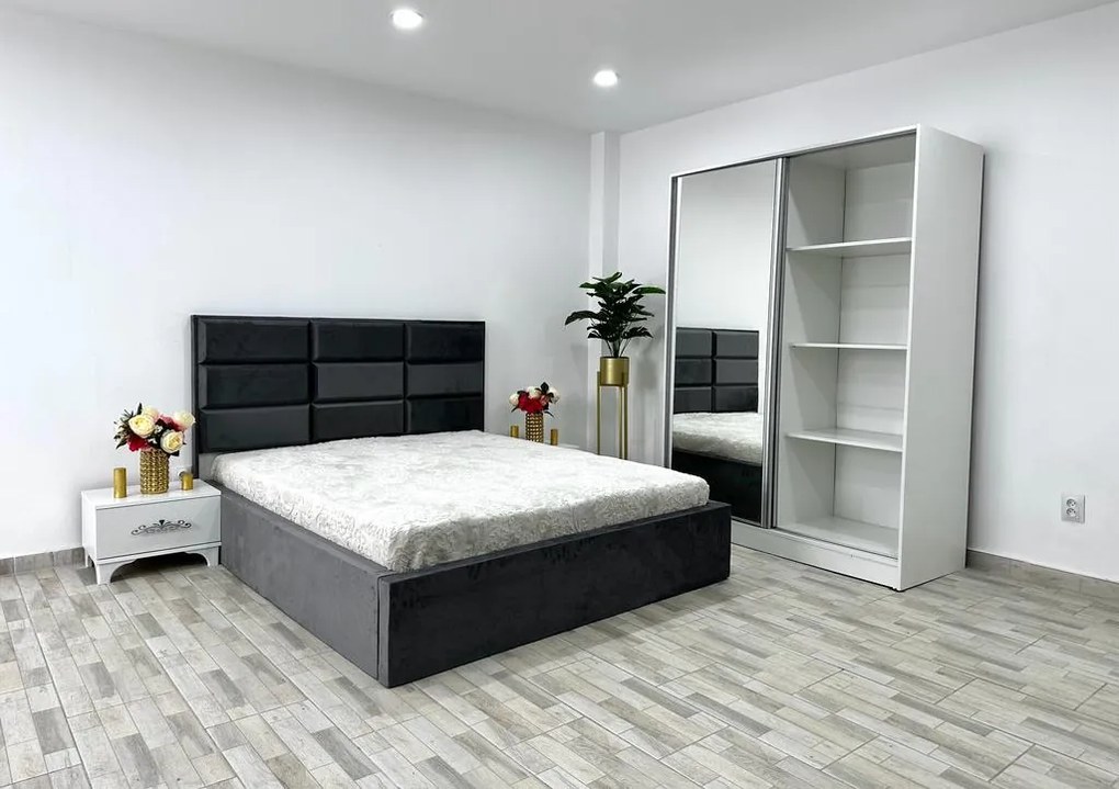 Dormitor Roma, culoare gri / alb, cu pat Roma 160 x 200 cm, dressing Erika si 2 noptiere Viena